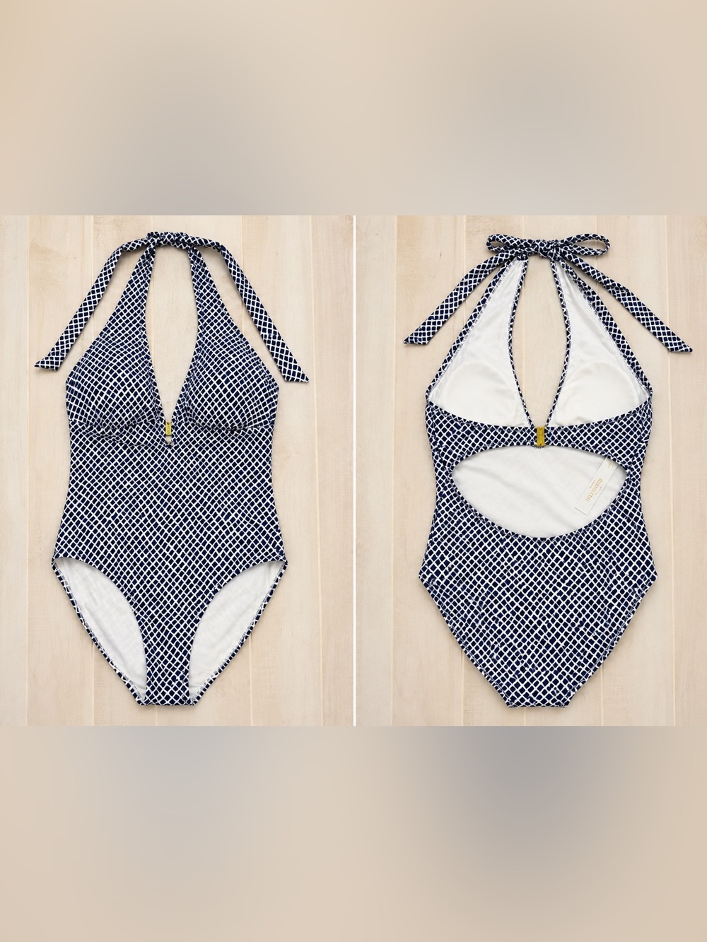 Helen Jon Navy And White Geometric Halter One Piece Swimsuit Medium Nautical